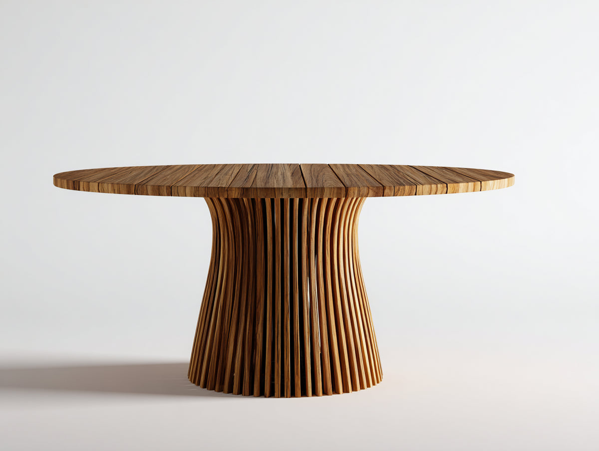 Runder Gartentisch aus Holz ca. 140 x 140 x 75 cm - Naturbraun - Geschwungener Lamellensockel - Modernes Design