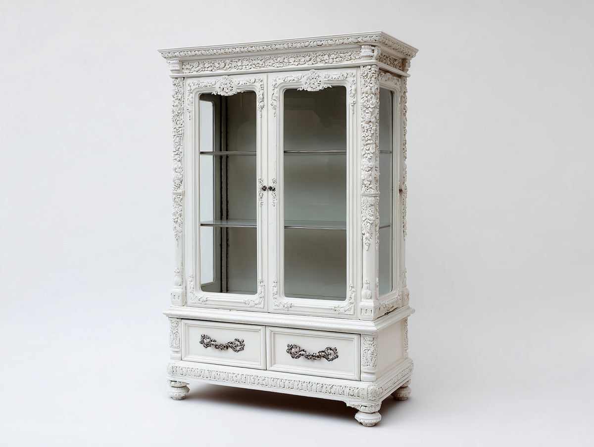 Vitrinen mit 2 Glastüren und 2 Schubladen ca. 110 x 45 x 195 cm - Weiß - Holz und Glas - Barockes Design