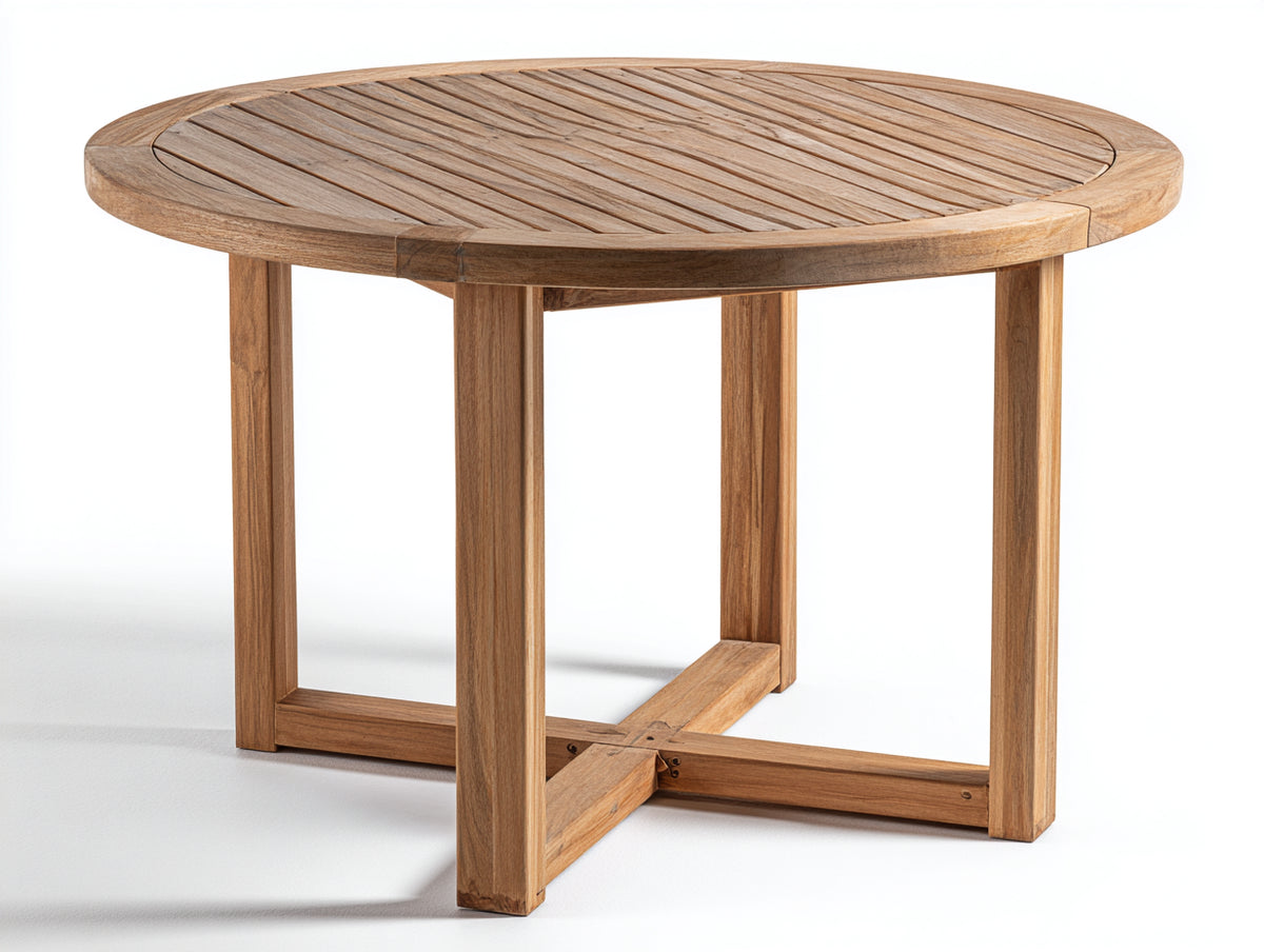 Gartentisch aus Akazienholz 120 x 120 x 75 cm - Naturbraun - Rundes Latten-Design mit Kreuzverstrebung