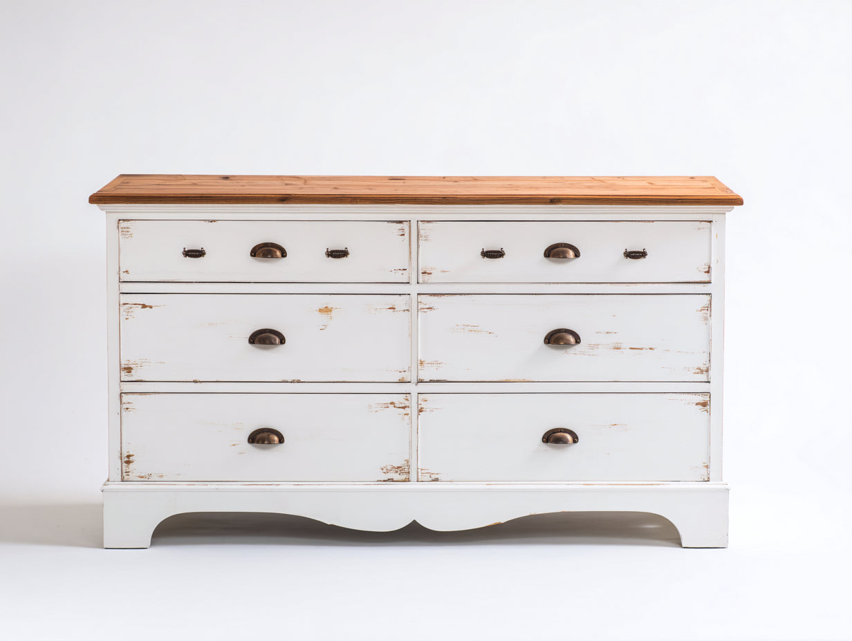 Kommode mit Schubladen - 6 Schubladen aus Holzwerkstoff und Holz - 150 x 45 x 90 cm - Weiß und Natur - Breite Kommode im Landhausstil