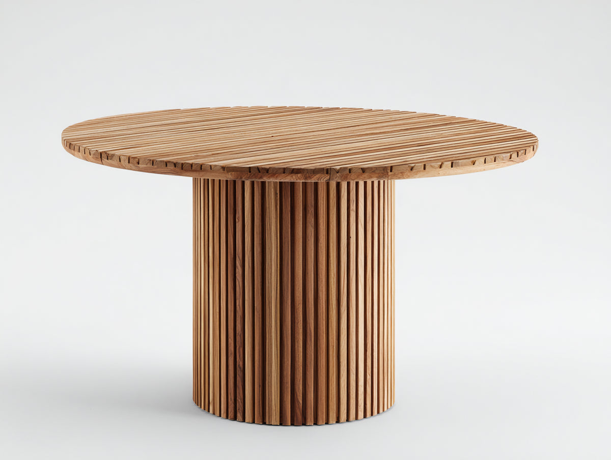 Gartentisch rund - Holz mit geriffeltem Säulenfuß - 135 x 135 x 76 cm - Natur - Stabiler Esstisch für Terrasse und Garten