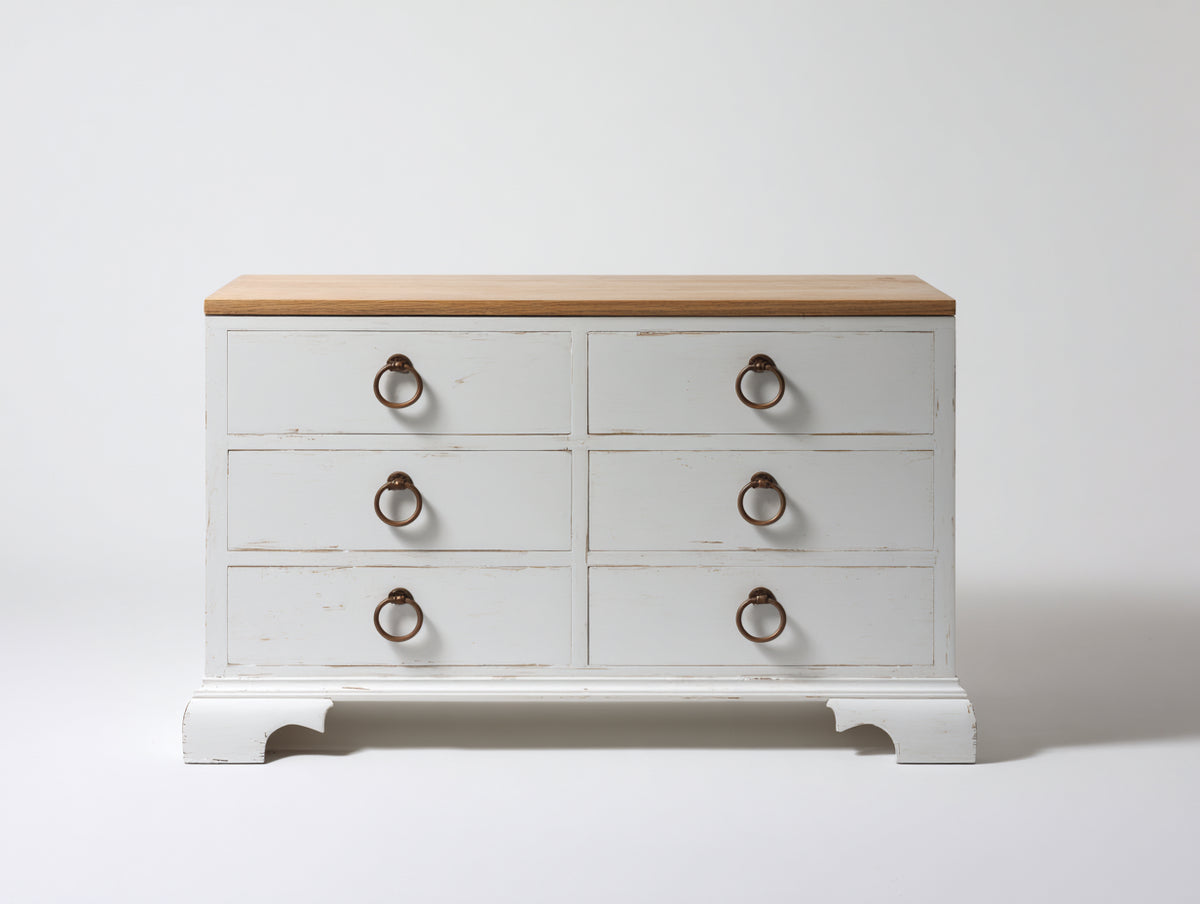 Kommode mit Schubladen aus Holz 120 x 42 x 85 cm - Weiß und Naturholz - 6 Schubladen im Landhausstil