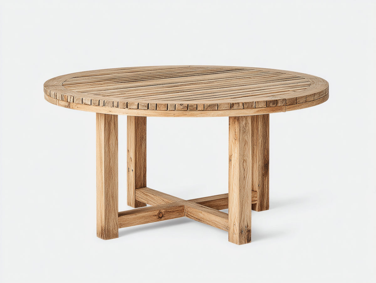 Gartentisch aus Massivholz 130 x 130 x 75 cm Naturbraun für Garten und Terrasse - Runder Latten-Tisch mit Kreuzgestell