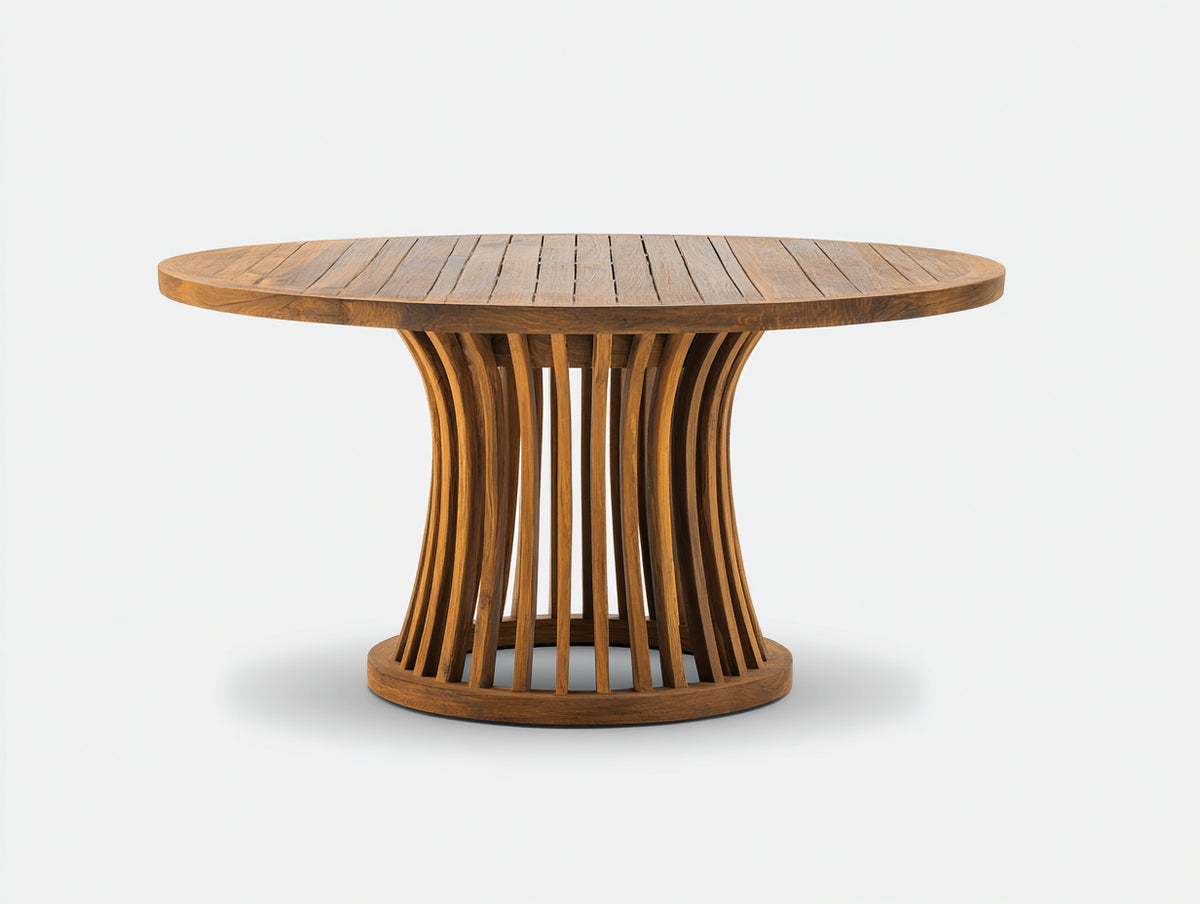 Gartentisch rund - Holz mit geschwungenem Lamellenfuß - 138 x 138 x 76 cm - Naturbraun - Stabiler Esstisch für Terrasse und Garten