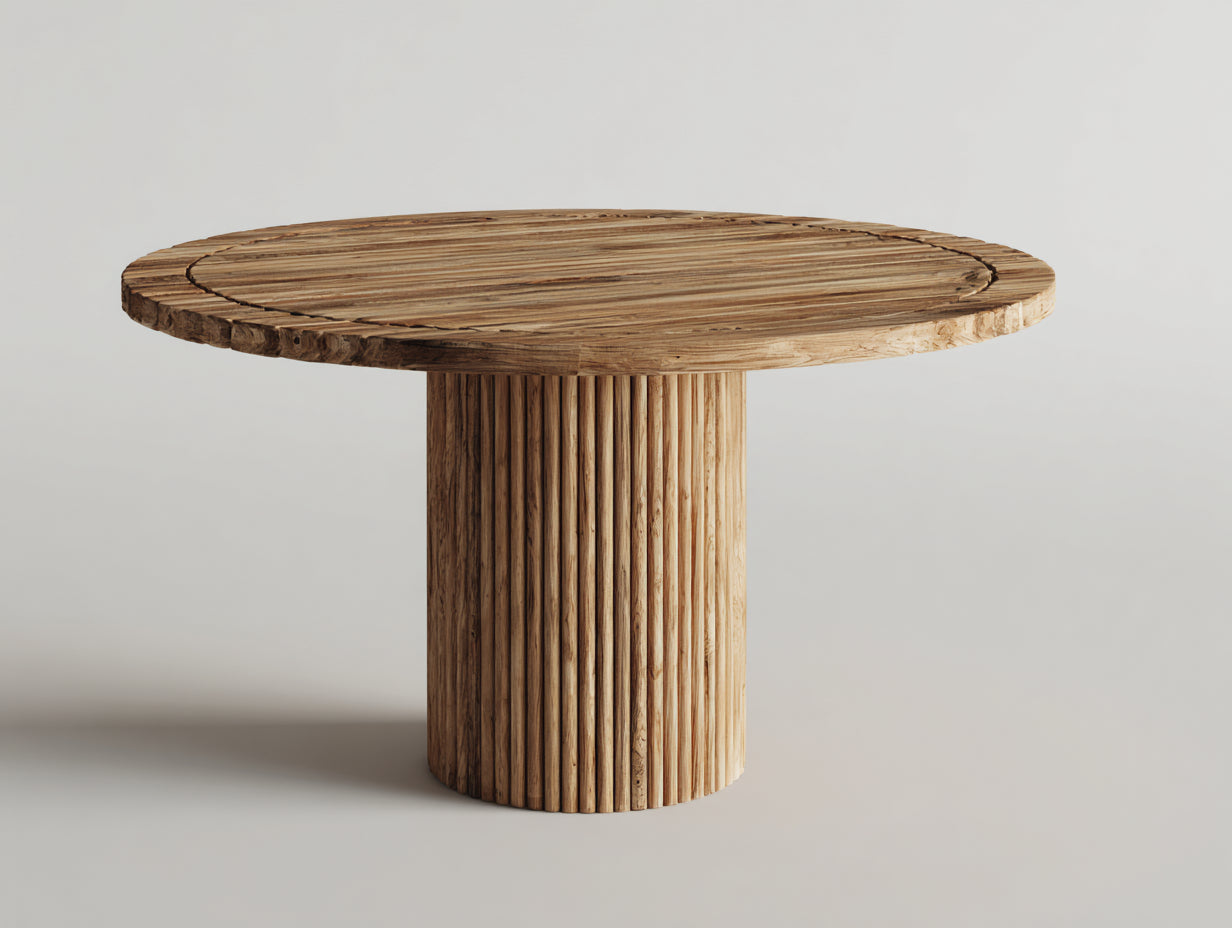 Gartentisch rund - Holz mit geriffeltem Säulenfuß - 132 x 132 x 76 cm - Natur - Rustikaler Esstisch mit markanter Tischkante
