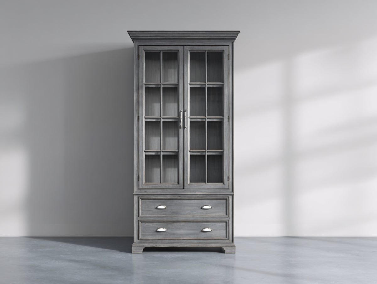 Vitrinen mit 2 Glastüren und 2 Schubladen - Holzkonstruktion und Glas - 95 x 42 x 198 cm - Grau - Hohe Standvitrine im klassischen Landhausstil
