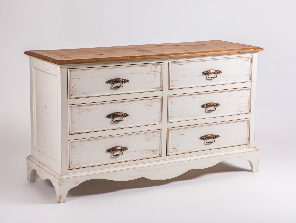 Kommode mit Schubladen aus Massivholz und Holzwerkstoff 140 x 45 x 90 cm Antikweiß Naturbraun für Schlafzimmer - Landhausdesign mit 6 Schubladen