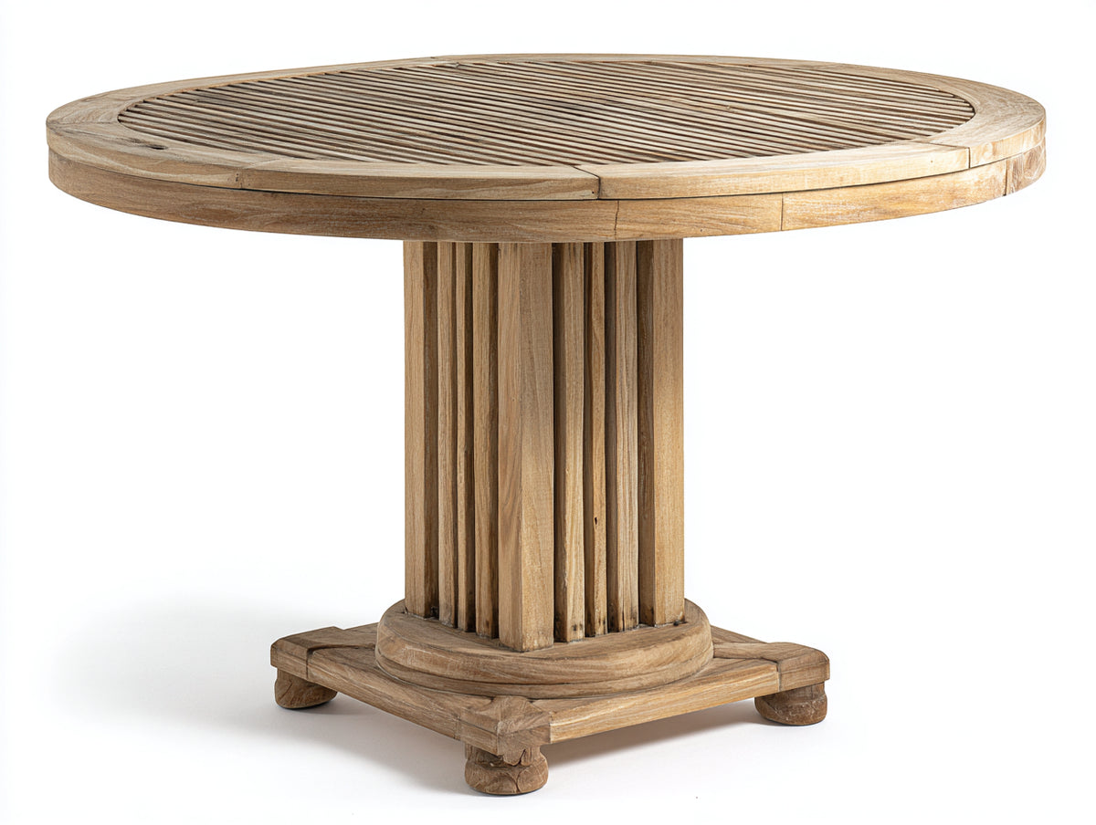 Runder Gartentisch aus Holz ca. 110 x 110 x 75 cm - Graubraun - Geriffelter Säulensockel - Klassisches Design