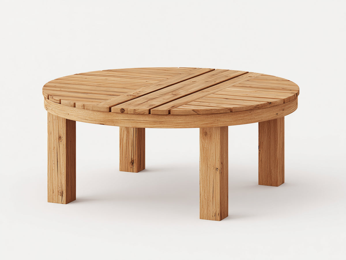 Runder Gartentisch aus Holz ca. 110 x 110 x 48 cm - Naturbraun - Lamellentischplatte mit 4 Beinen - Rustikales Design