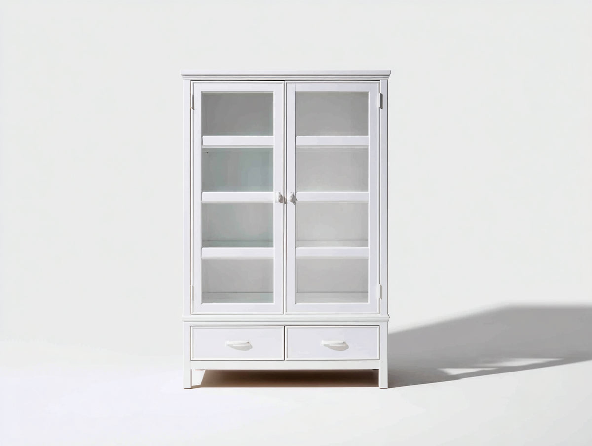 Vitrinen aus Holz und Glas 100 x 42 x 180 cm - Weiß und Silberfarben - Mit 2 Glastüren und 2 Schubladen im klassischen Design